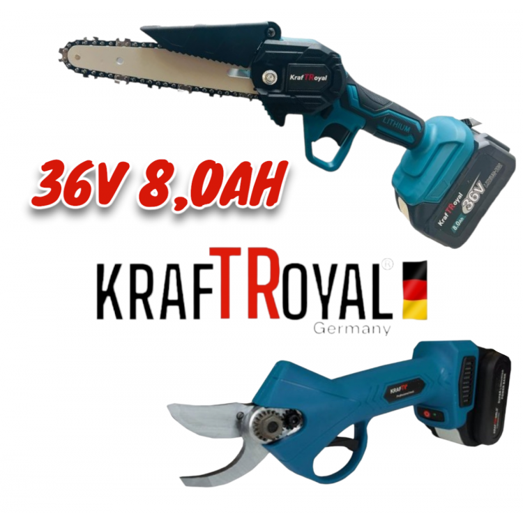 2в1 Акумулаторна Лозарска Ножица и Трион за Клони Безчеткова Резачка 36V 8AH KRAFT ROYAL