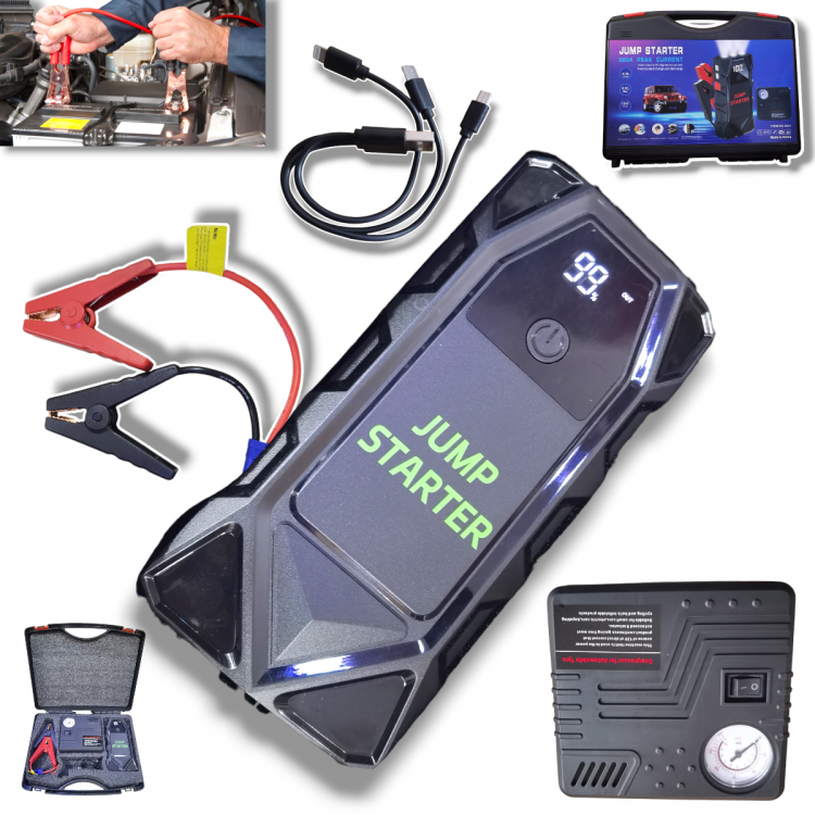 Стартерен Бустер за Автомобил Външна Батерия POWER BANK 12V JUMP STARTER Стартер за Акумулатор Бустер за Подаване на Ток с Фенер